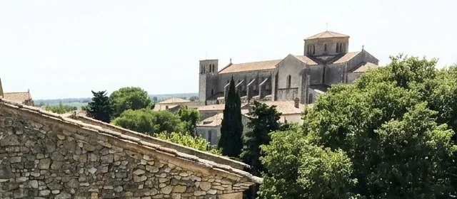 Toits de tuiles du centre ancien de Saint-Gilles avec l'abbatiale, vus depuis un chantier de couverture