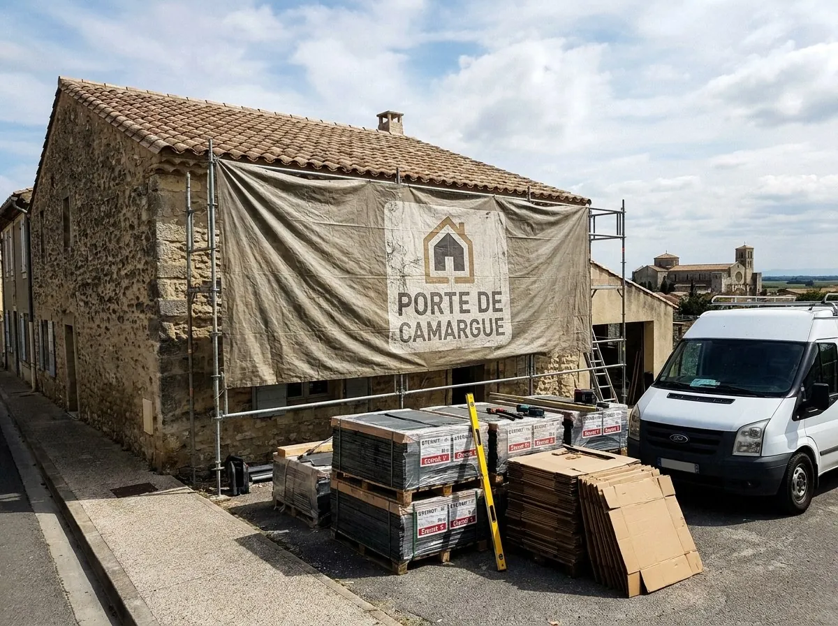 Mas en pierre en réfection à Saint-Gilles : échafaudage, bâche Porte de Camargue, palettes de matériaux et camionnette